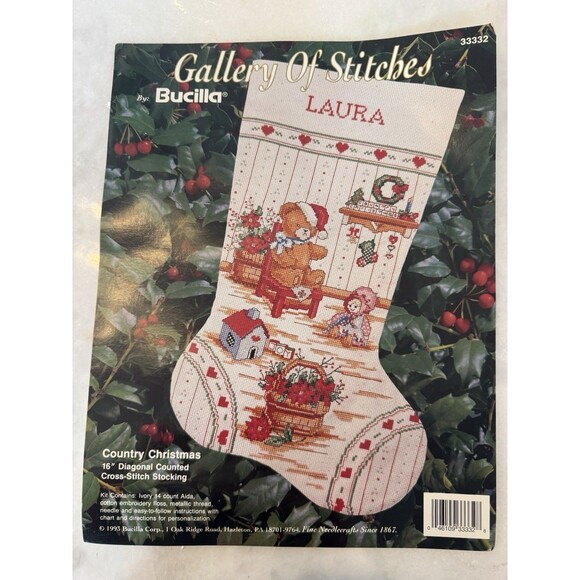 Bucilla Country Christmas Cross Stitch Stocking Gallery Of Stitches 16” Vintage - Picture 1 of 16
